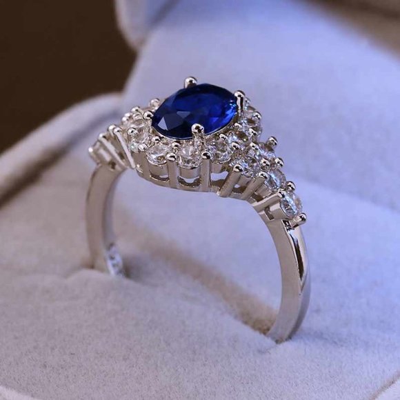 Noble Oval Flower Dainty Royal Blue 925 Silver Ring for Women, VIP500 - Picture 5 of 8